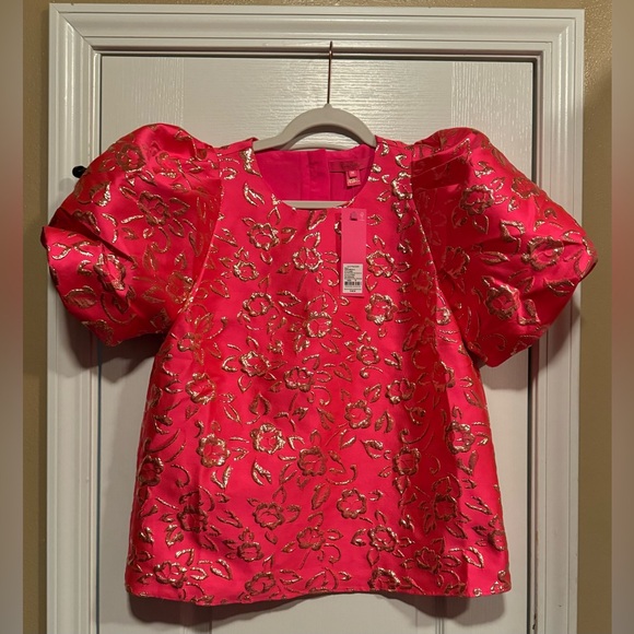 Lilly Pulitzer Pratt Short Sleeved Floral Brocade Top |Pink Grenadine | Med - Picture 3 of 6